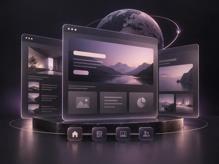 Three-dimensional corporate website with connected pages and a globe