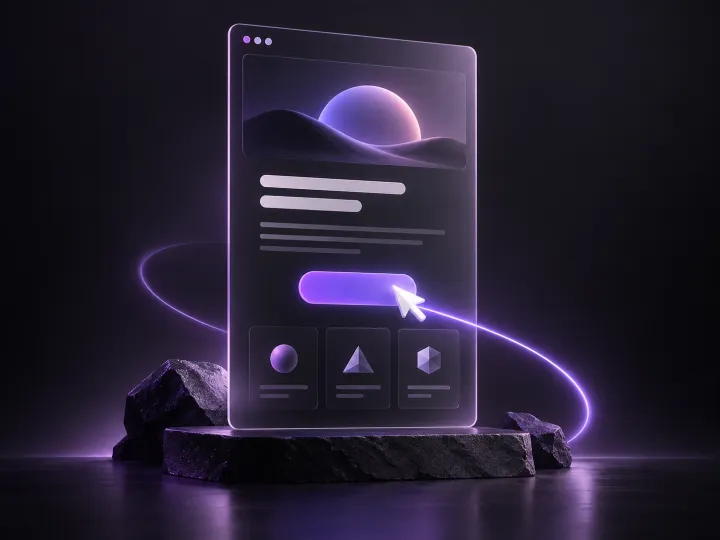 Three-dimensional landing page with one call to action and a violet cursor